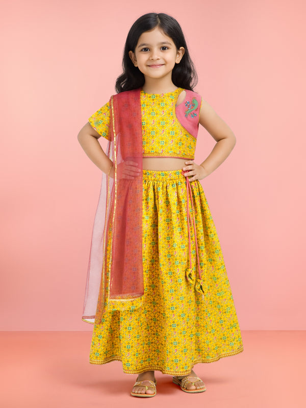 Girls Yellow Cotton Digital Animal Print Resham Embroidery Lehenga Choli with Net Dupatta Set