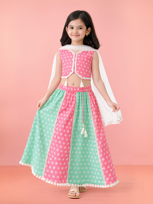 Girls' Pink Cotton Bandhani Print Lehenga Set with Aqua Lehenga & White Dupatta - Asymmetric Hem Festive Ethnic Wear