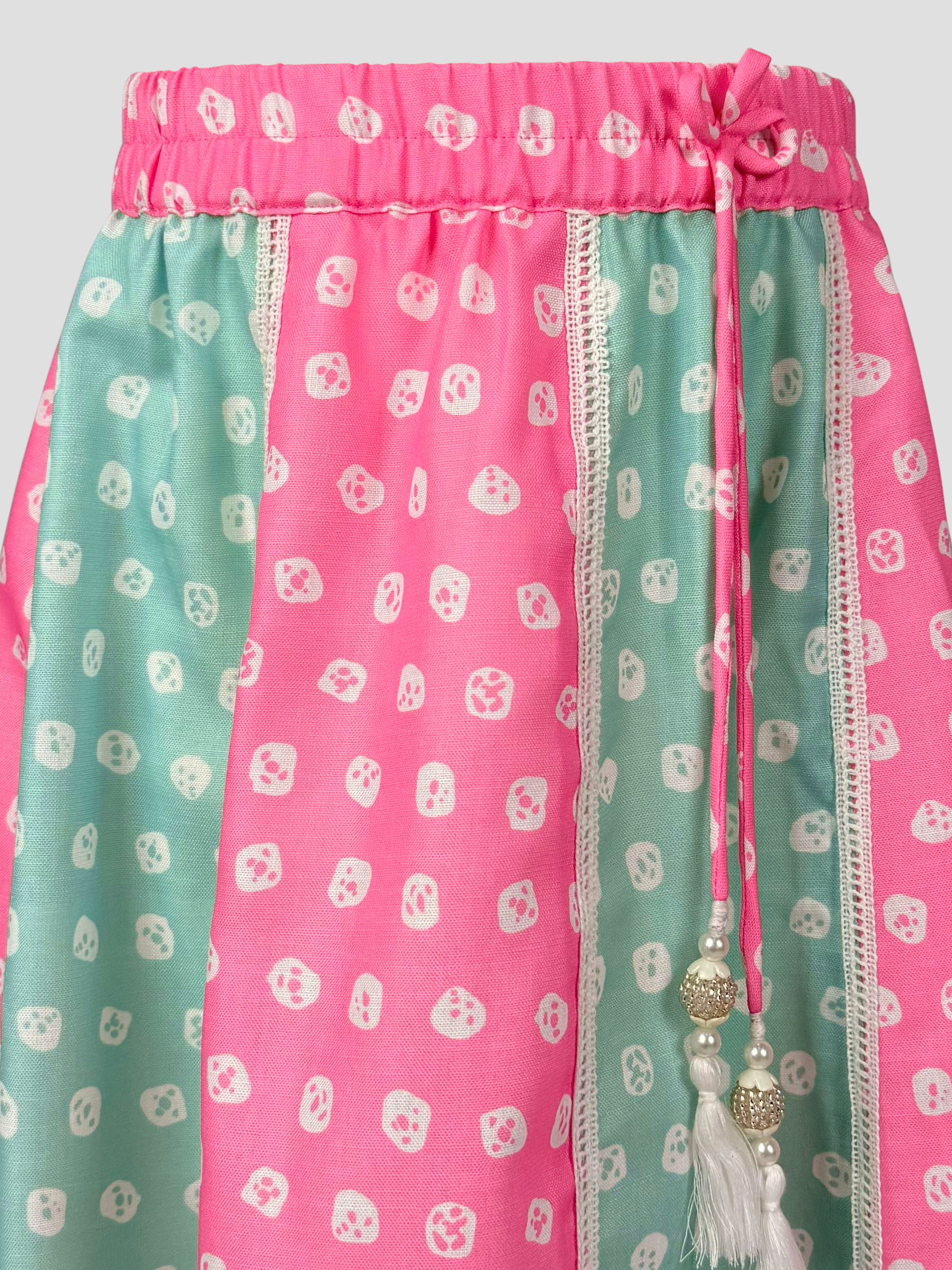 Girls' Pink Cotton Bandhani Print Lehenga Set with Aqua Lehenga & White Dupatta - Asymmetric Hem Festive Ethnic Wear