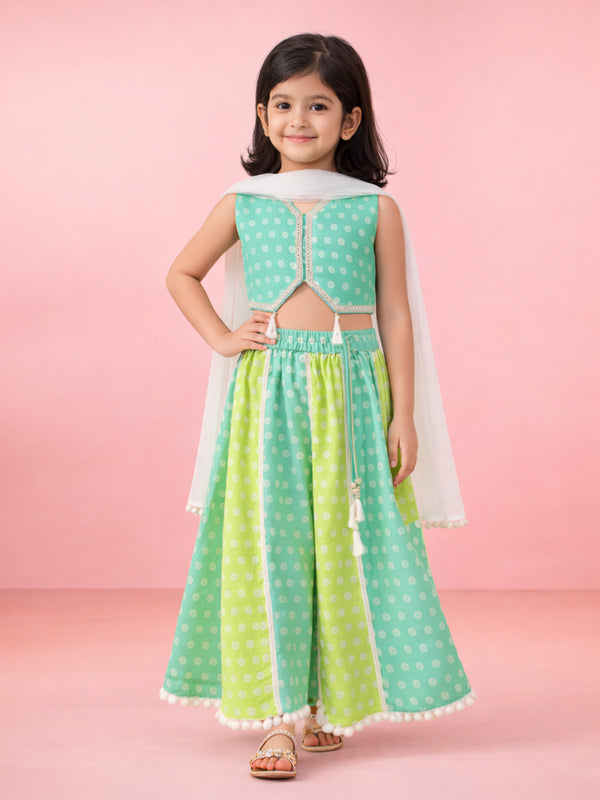 Girls' Sage Green Cotton Bandhani Print Lehenga Set with White Chiffon Dupatta - Sleeveless Festive Ethnic Wear