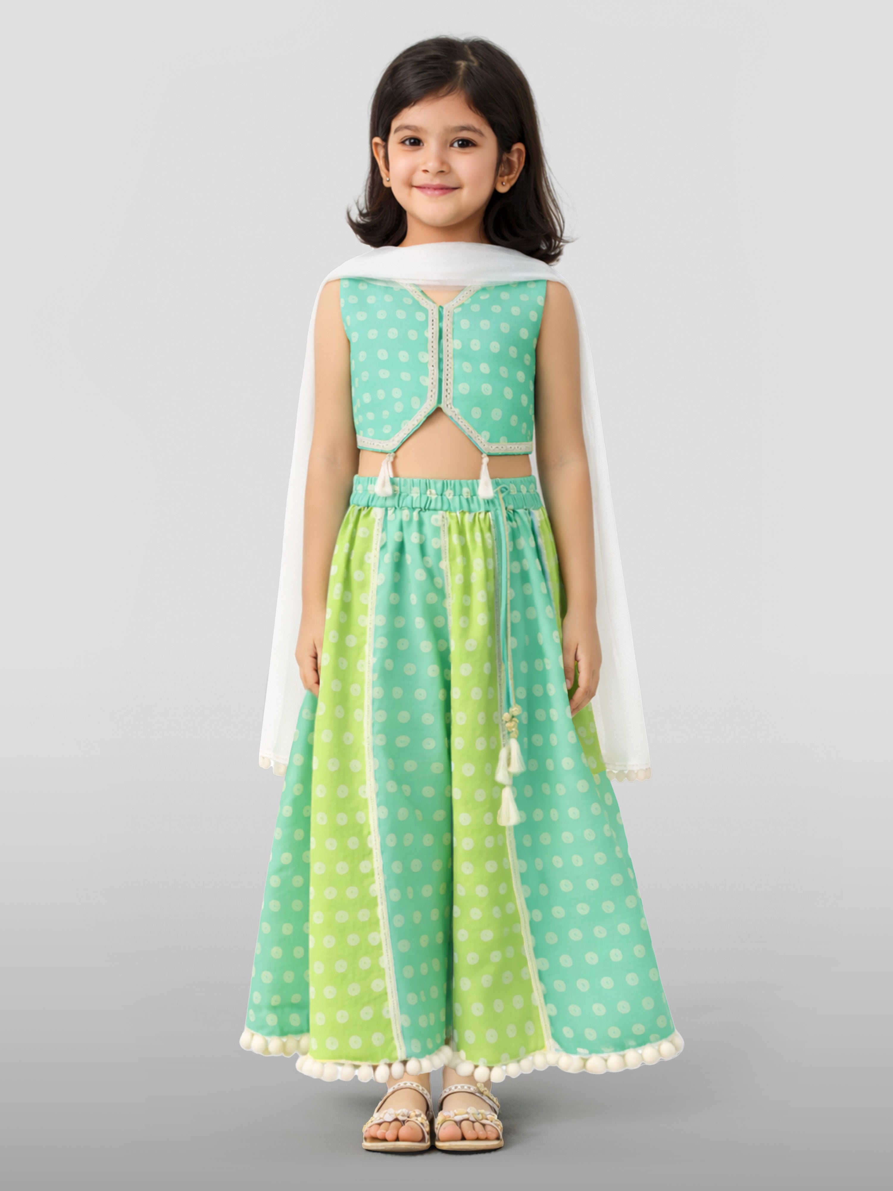 Girls' Sage Green Cotton Bandhani Print Lehenga Set with White Chiffon Dupatta - Sleeveless Festive Ethnic Wear