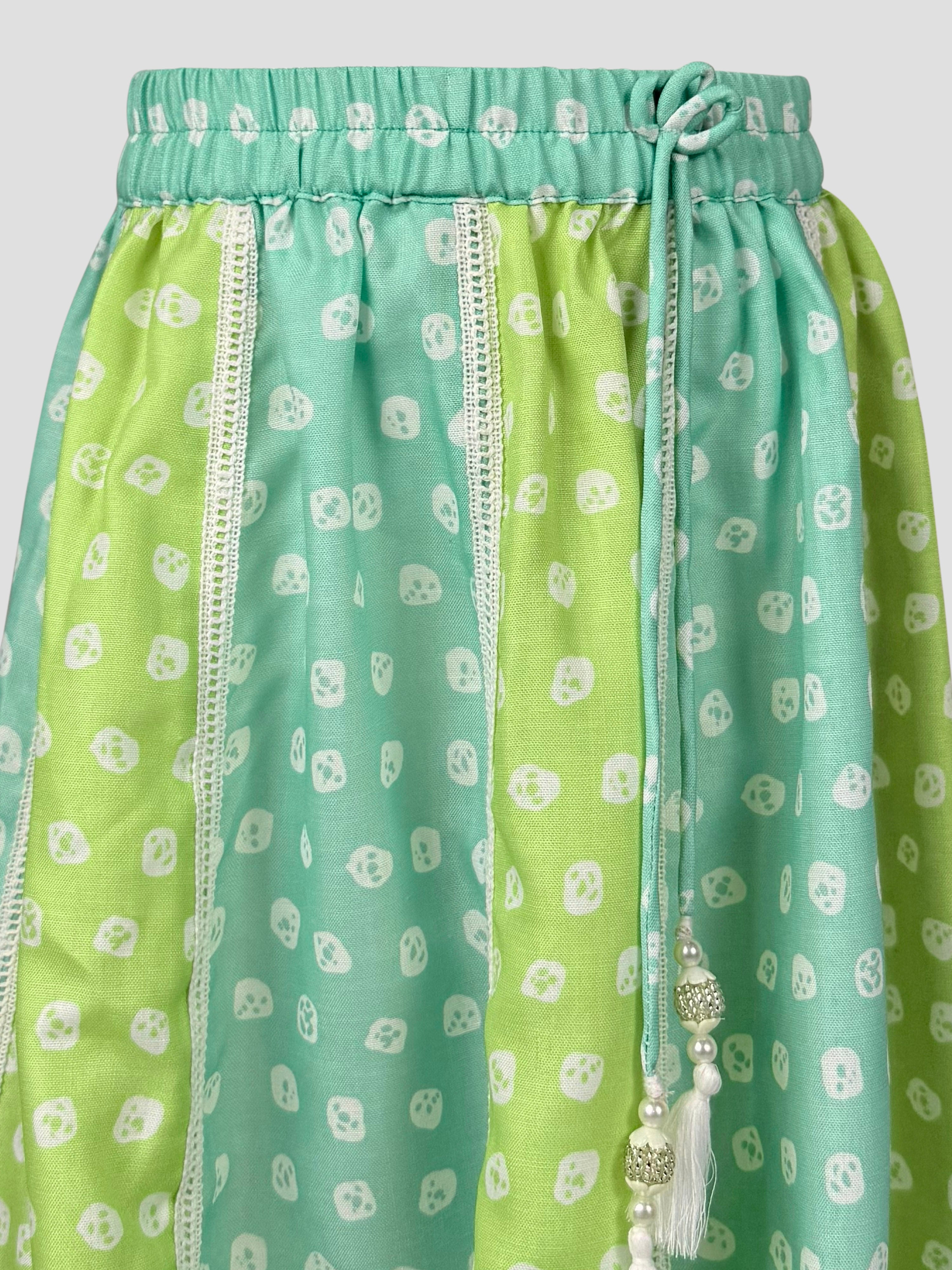 Girls' Sage Green Cotton Bandhani Print Lehenga Set with White Chiffon Dupatta - Sleeveless Festive Ethnic Wear