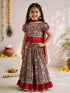 Girls's Black Cotton-Blend Ikkat Cropped Length Lehenga With Choli And Dupatta Set
