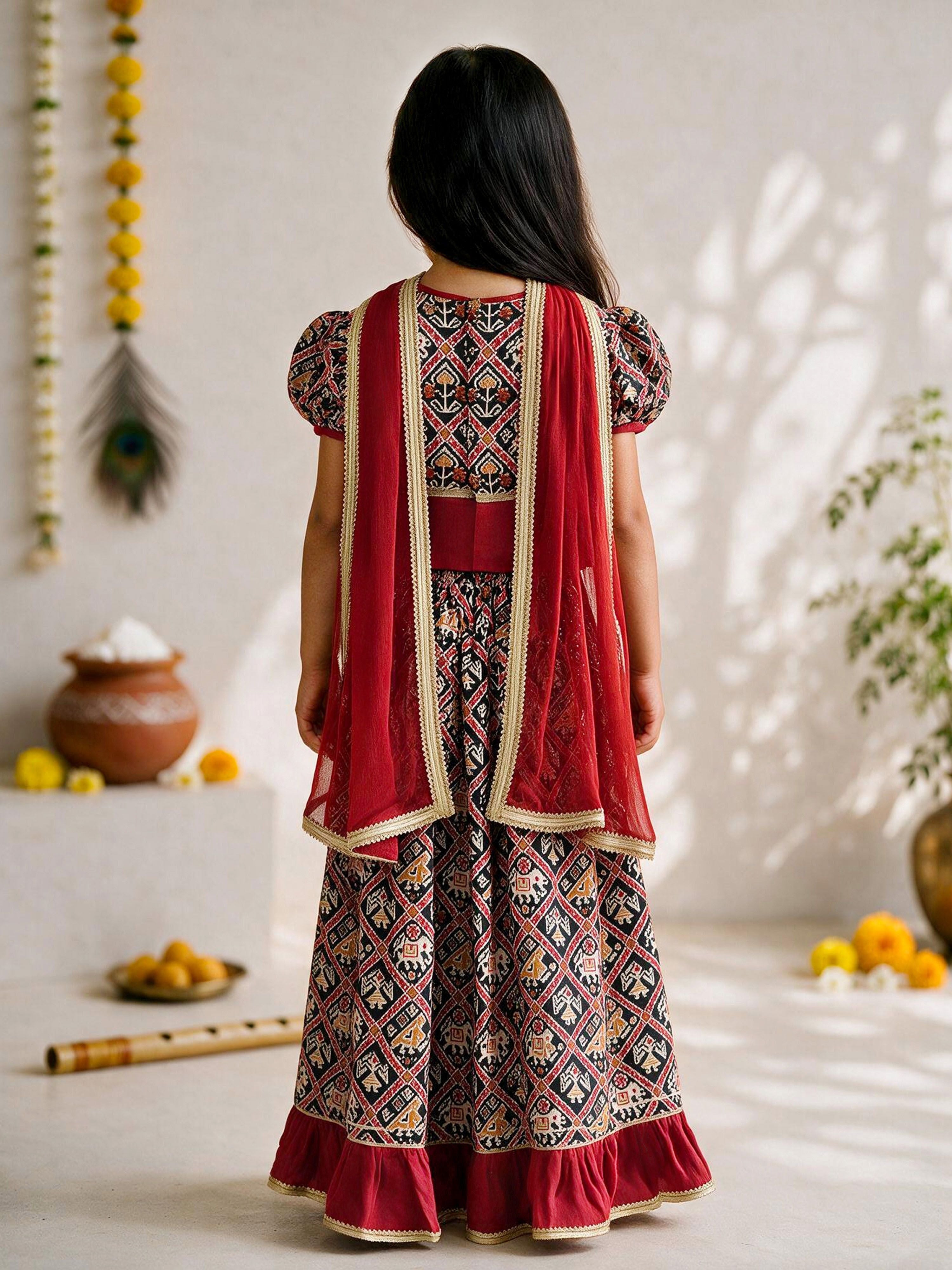 Girls's Black Cotton-Blend Ikkat Cropped Length Lehenga With Choli And Dupatta Set