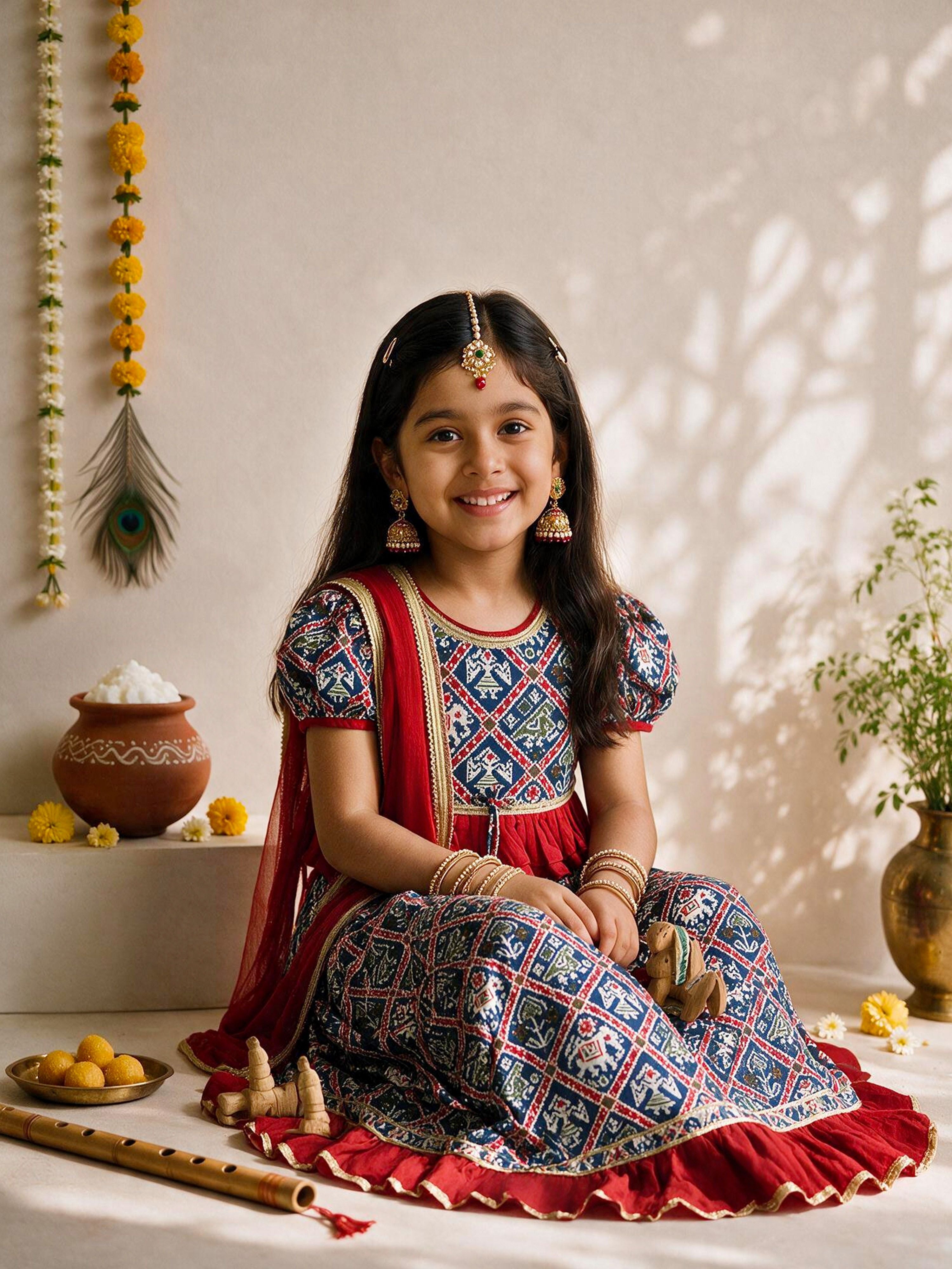 Girls Blue Cotton Blend Patola Print Lehenga Set