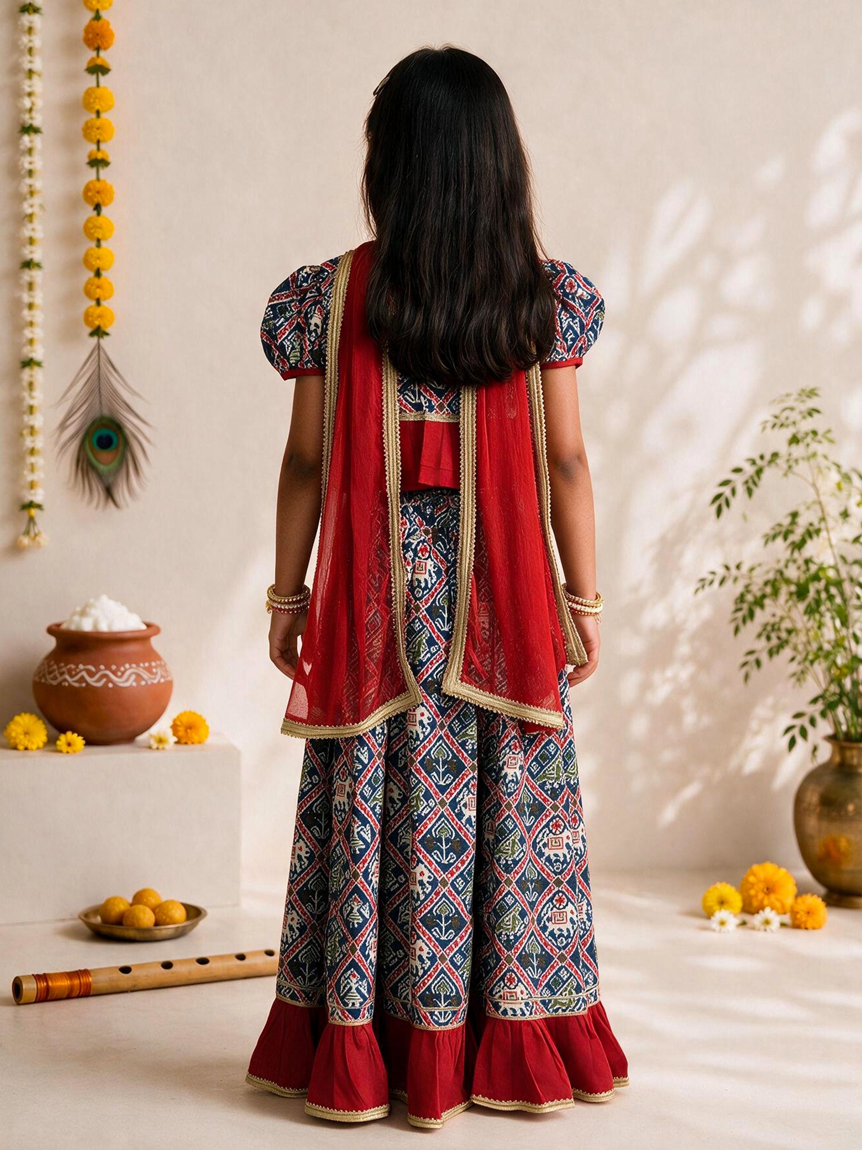 Girls's Blue Cotton-Blend Ikkat Cropped Length Lehenga With Choli And Dupatta Set