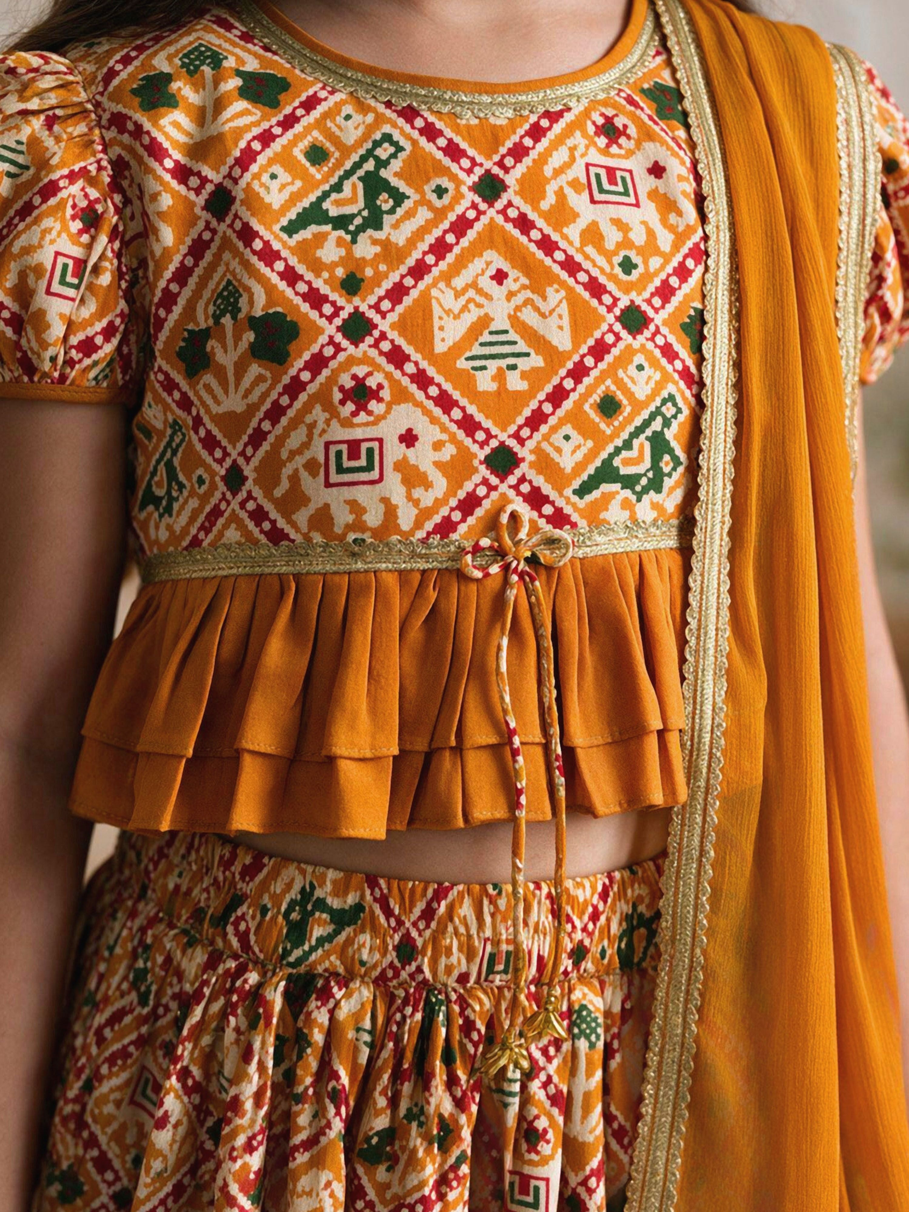 Girls's Mustard Cotton-Blend Ikkat Cropped Length Lehenga With Choli And Dupatta Set