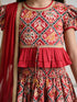 Girls's Red Cotton-Blend Ikkat Cropped Length Lehenga With Choli And Dupatta Set