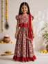 Girls's Red Cotton-Blend Ikkat Cropped Length Lehenga With Choli And Dupatta Set
