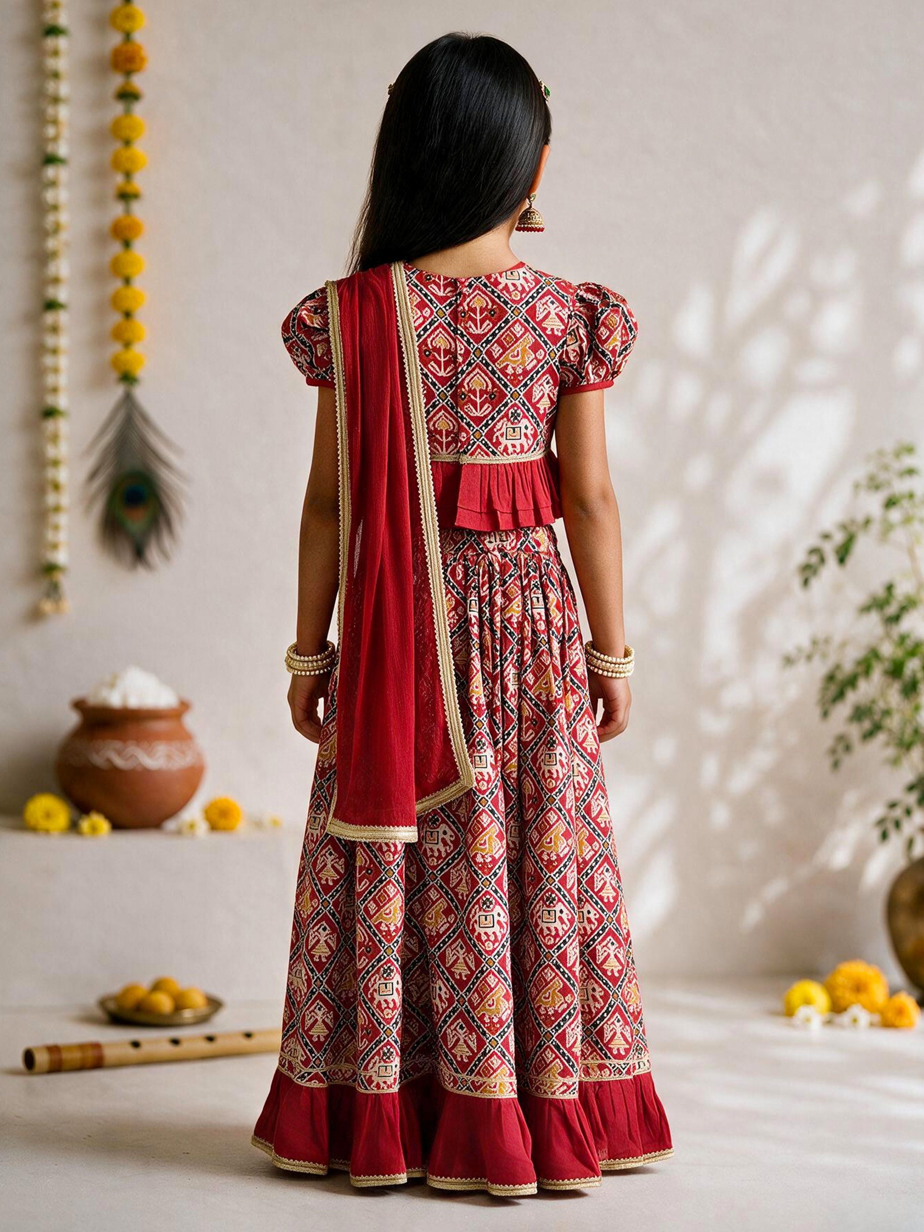 Girls's Red Cotton-Blend Ikkat Cropped Length Lehenga With Choli And Dupatta Set