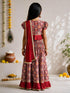 Girls's Red Cotton-Blend Ikkat Cropped Length Lehenga With Choli And Dupatta Set