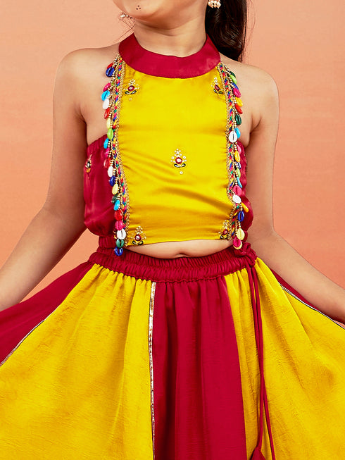 Girl's' Yellow And Red Lehenga Set