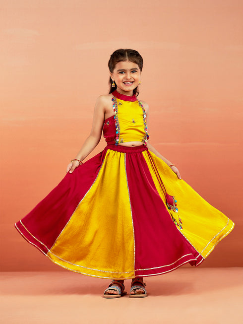 Girl's' Yellow And Red Lehenga Set