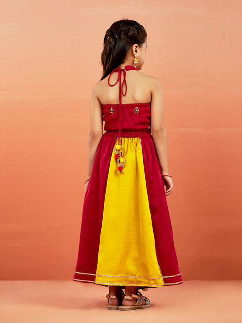 Girl's' Yellow And Red Lehenga Set