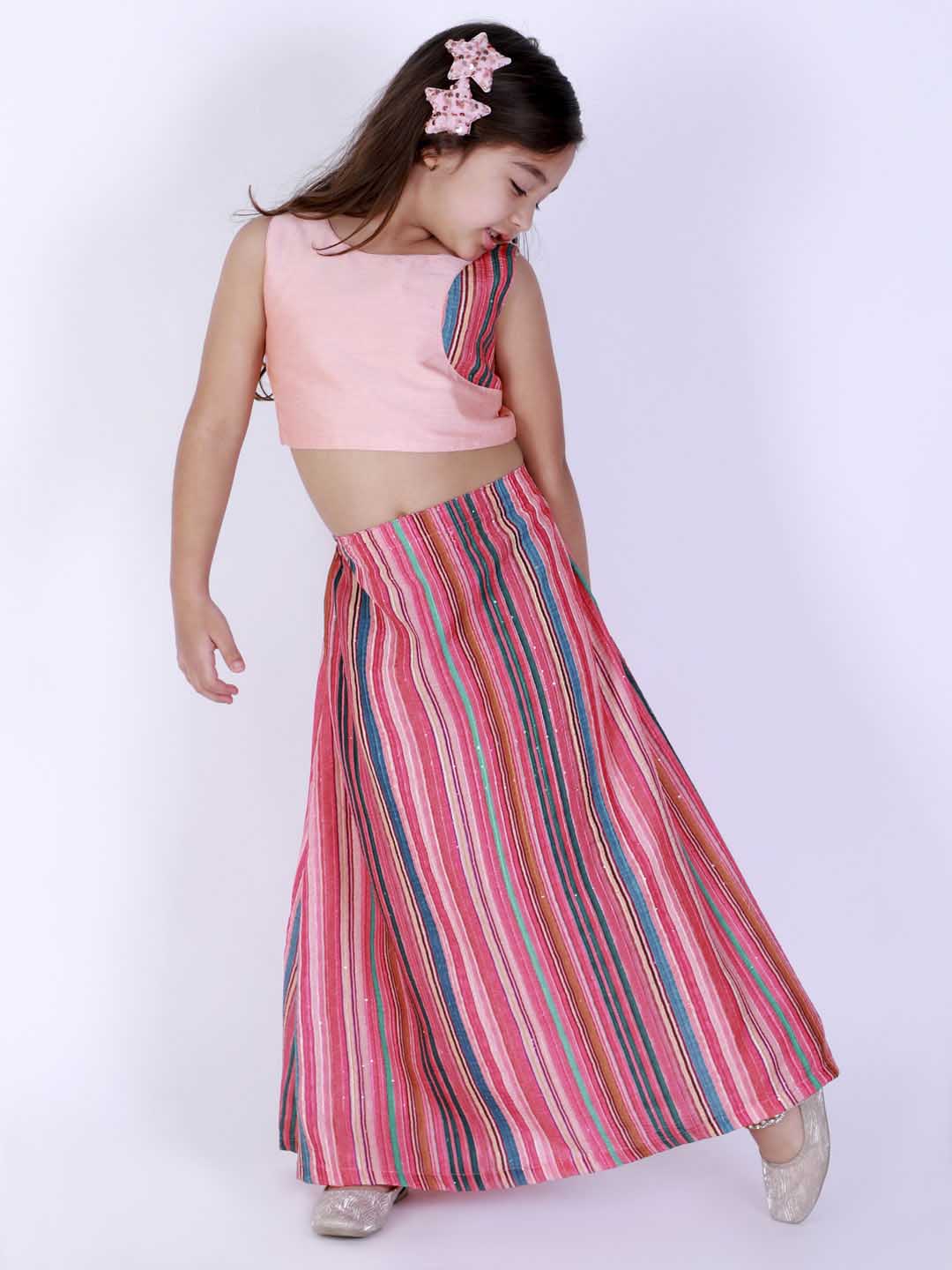 Girl's Pink Striped Skirt With Pink Crop Top