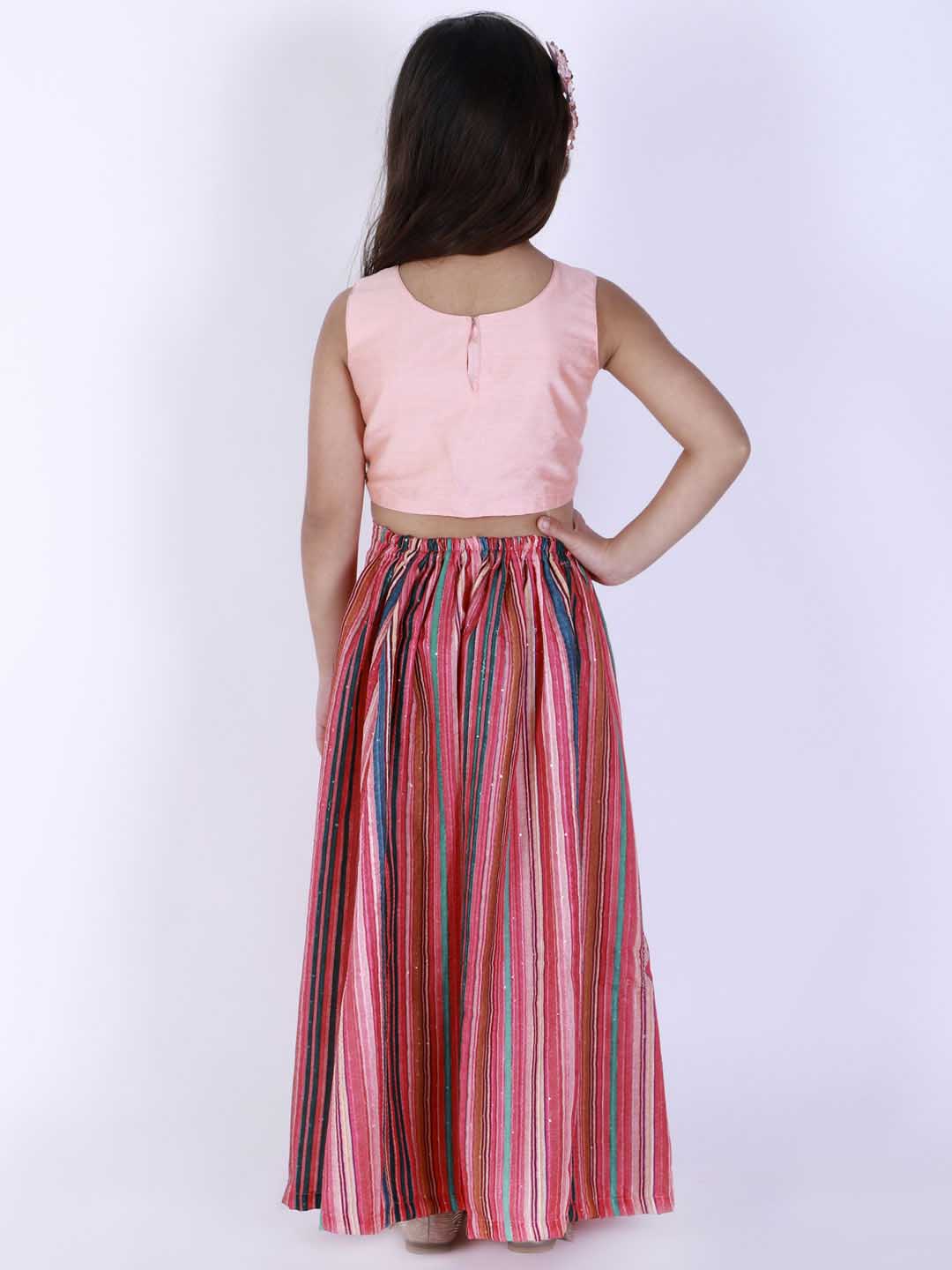Girl's Pink Striped Skirt With Pink Crop Top