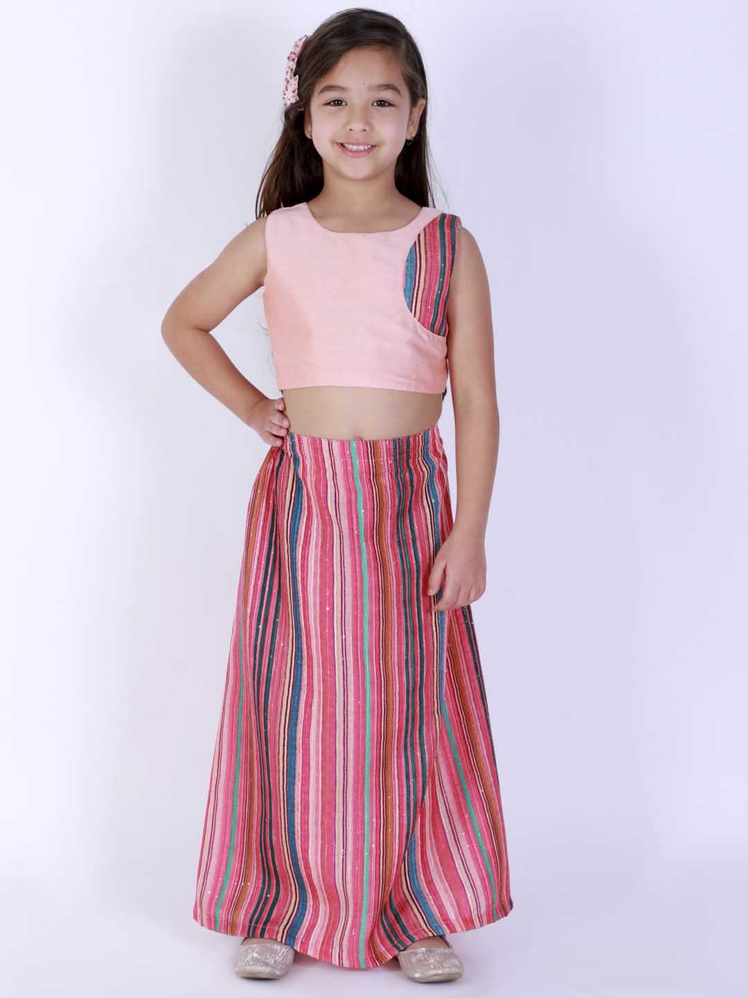 Girl's Pink Striped Skirt With Pink Crop Top