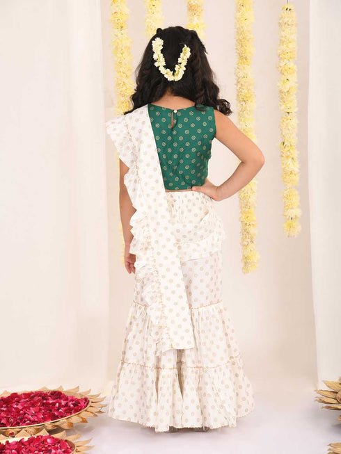 Girl's Green And Cream Palazzo Saree Set