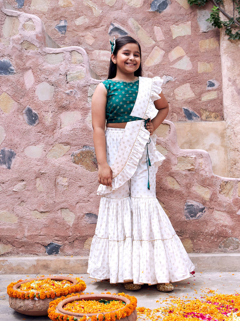 Girl's Green And Cream Palazzo Saree Set