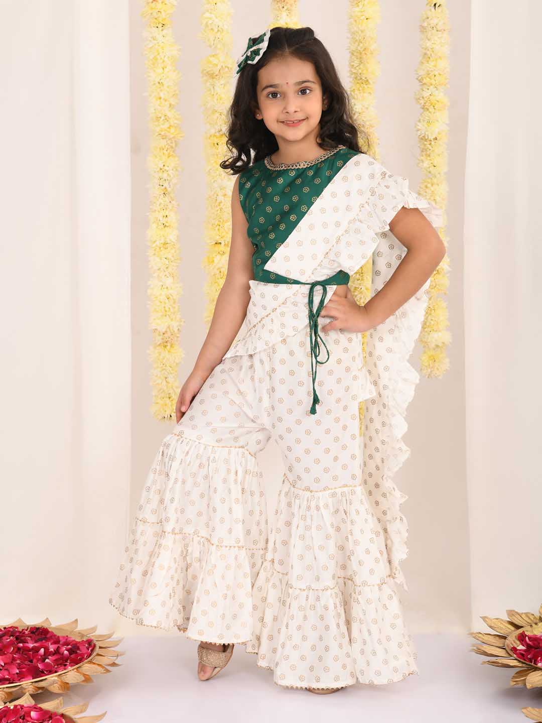 Girl's Green And Cream Palazzo Saree Set