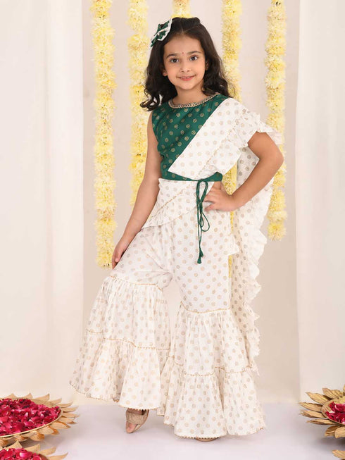 Girl's Green And Cream Palazzo Saree Set