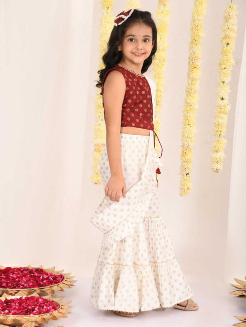 Girl's Maroon And Cream Palazzo Saree Set