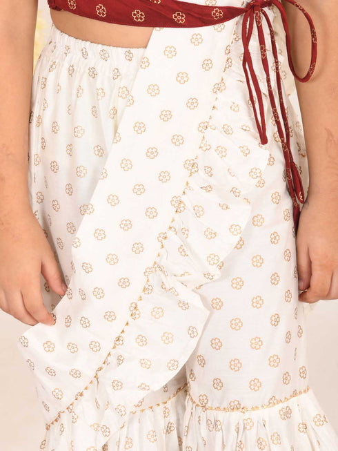 Girl's Maroon And Cream Palazzo Saree Set