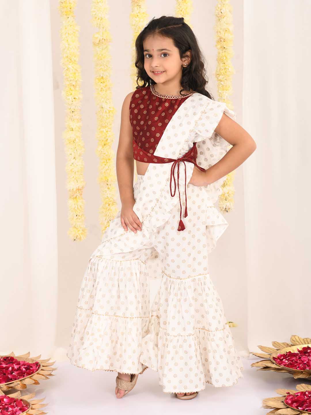Girl's Maroon And Cream Palazzo Saree Set
