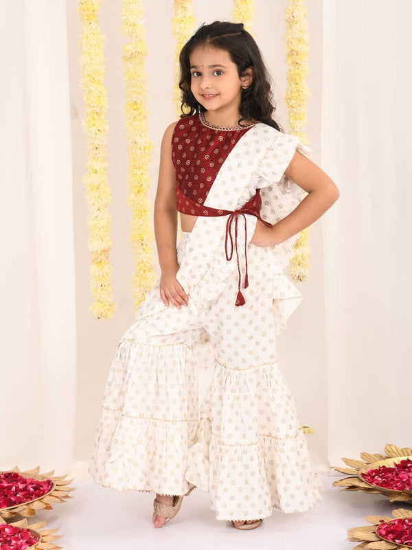 Girl's Maroon And Cream Palazzo Saree Set