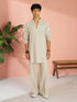 Men's Beige Cotton Linen Solid Thigh Length Co-ord Set with Wide Leg Pant