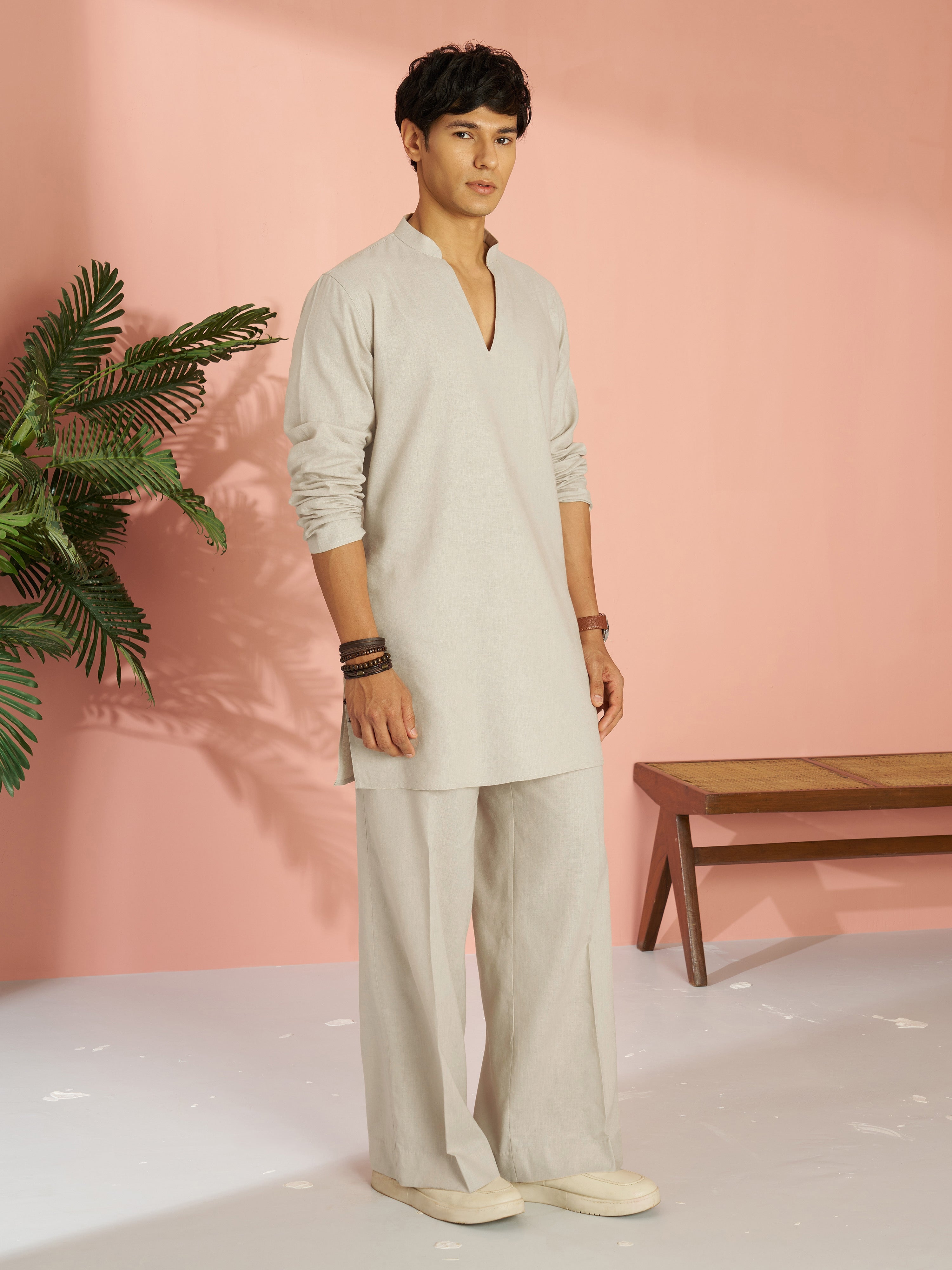 Men's Beige Cotton Linen Solid Thigh Length Co-ord Set with Wide Leg Pant