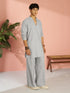 Men's Grey Cotton Linen Solid Thigh Length Co-ord Set with Wide Leg Pant