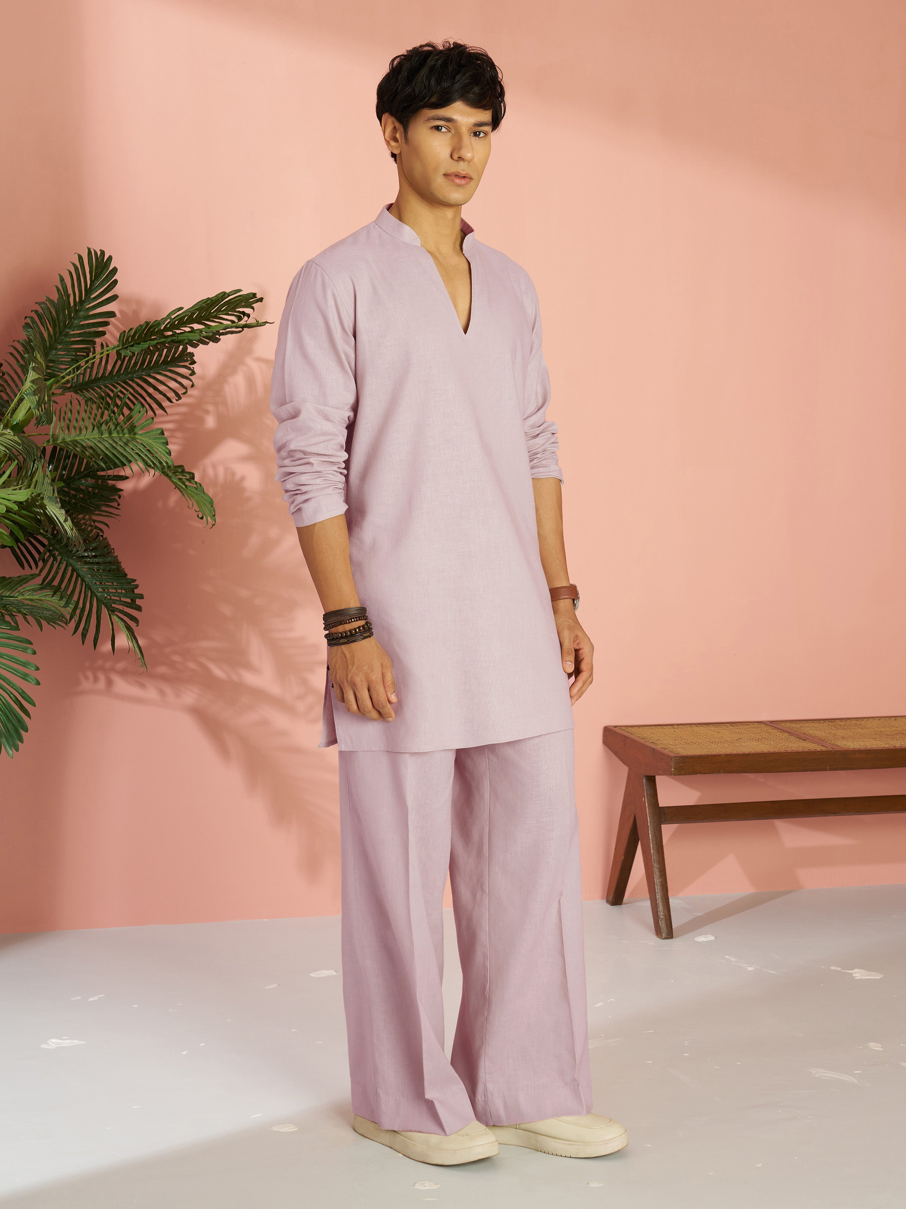 Men's Light Pink Cotton Linen Solid Thigh Length Co-ord Set with Wide Leg Pant