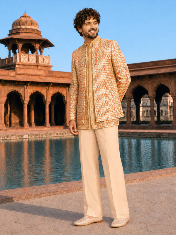 Beige Silk Blend Geometric Jodhpuri Jacket with Embroidery