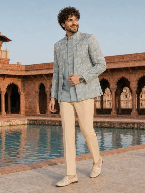 Men Aqua Embroidered Thread Work Waist Length Straight Pant Sherwani Set