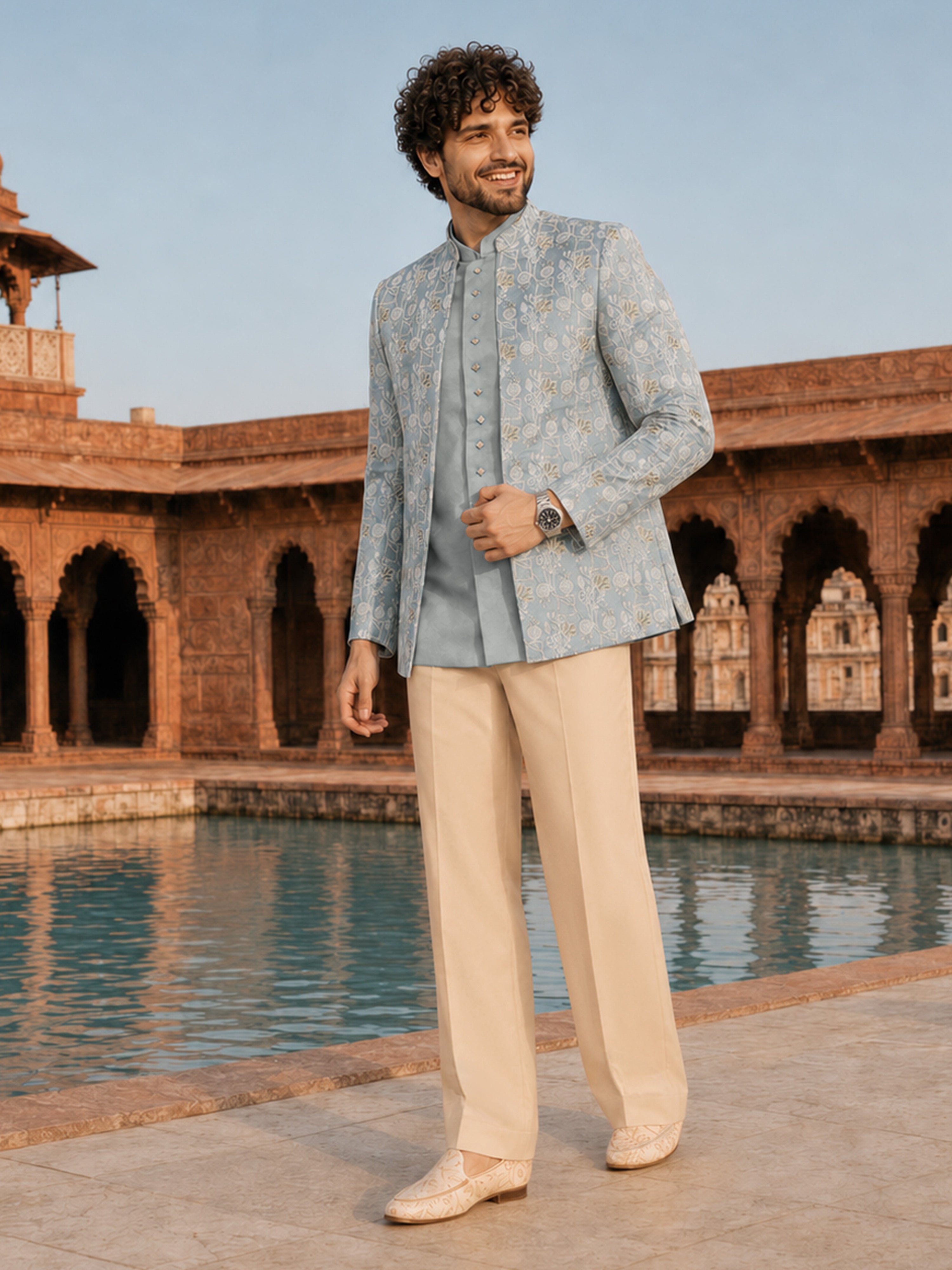 Men Aqua Embroidered Zari Work Waist Length Wide Leg PantSherwani Set