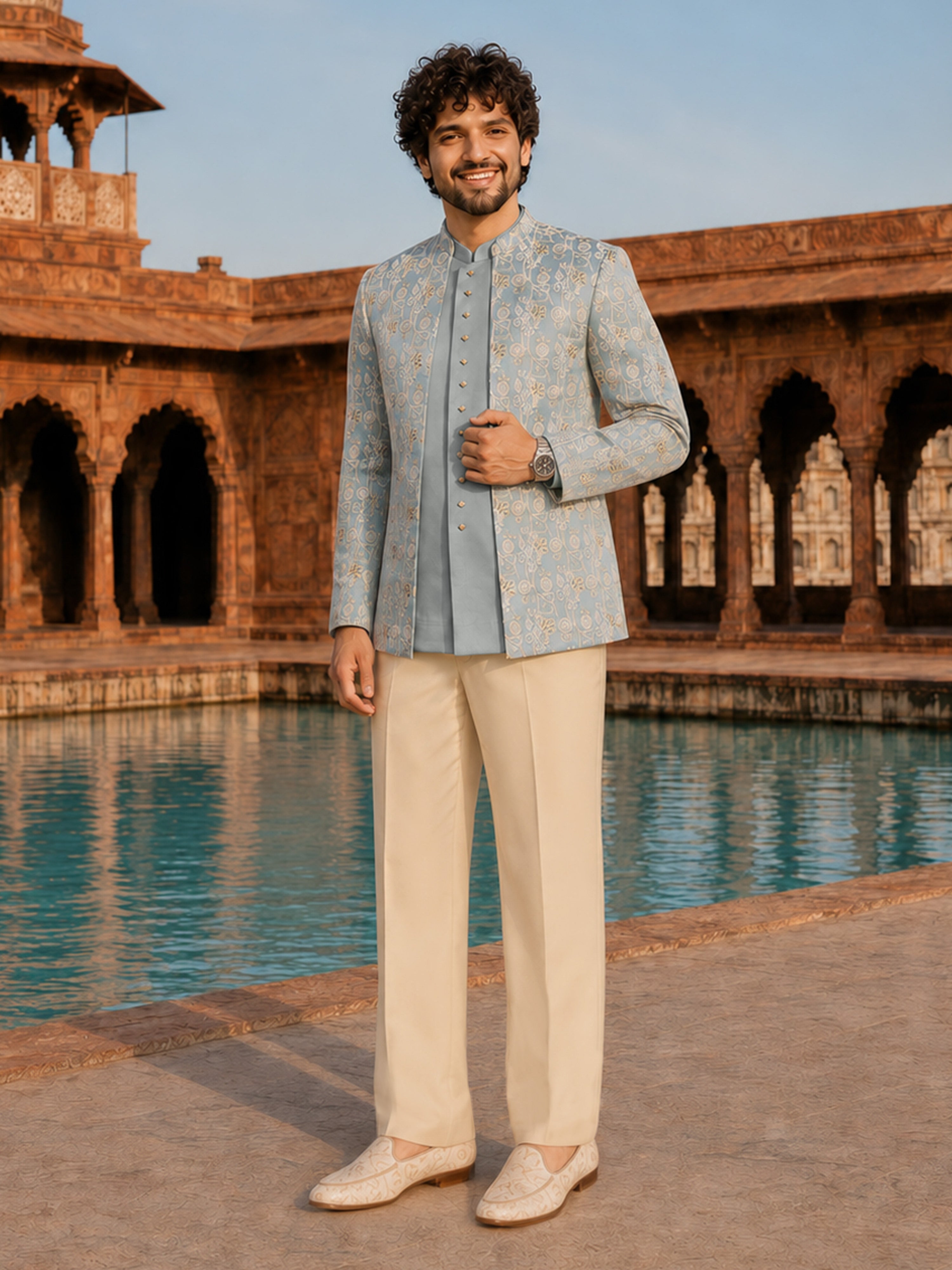 Men Aqua Embroidered Zari Work Waist Length Wide Leg PantSherwani Set