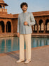 Men Aqua Embroidered Zari Work Waist Length Wide Leg PantSherwani Set