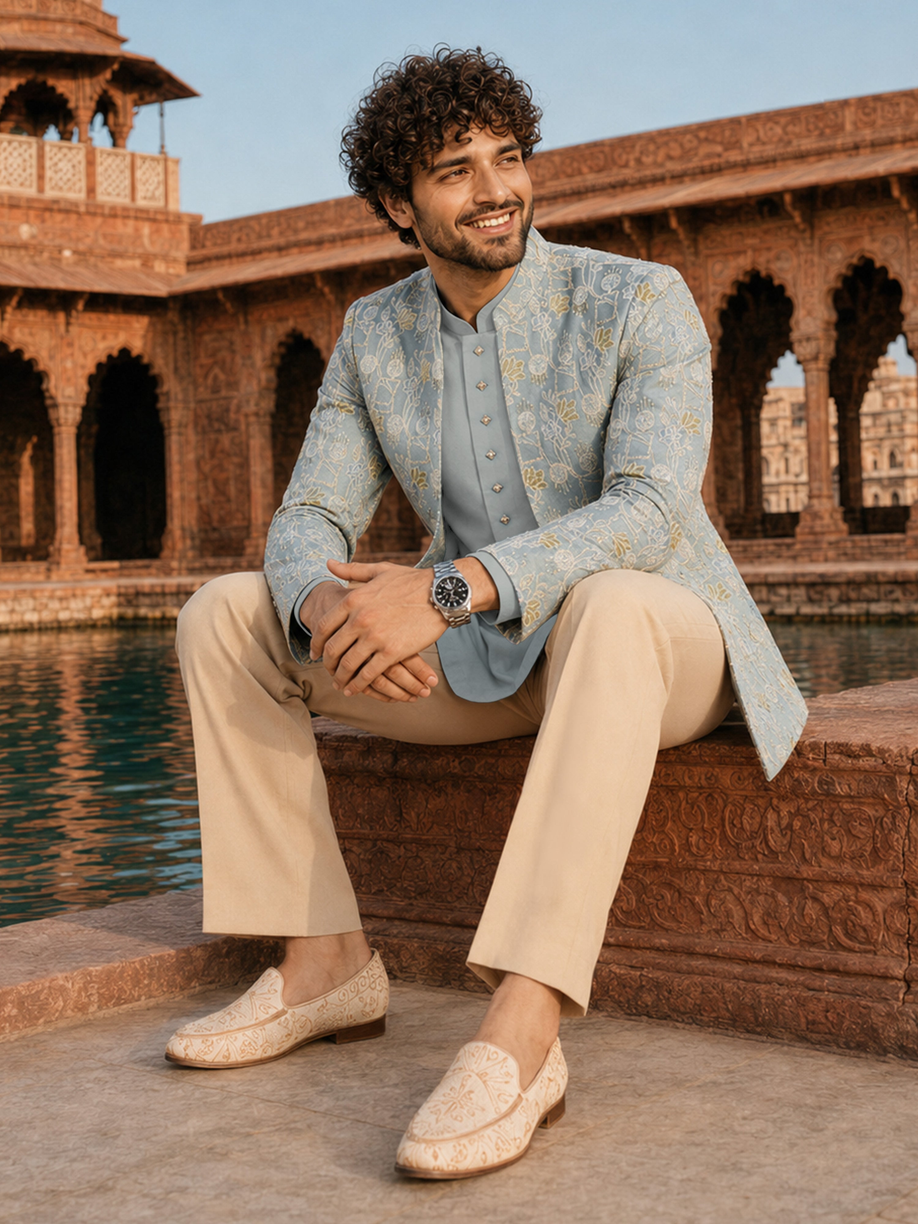 Men Aqua Embroidered Zari Work Waist Length Wide Leg PantSherwani Set