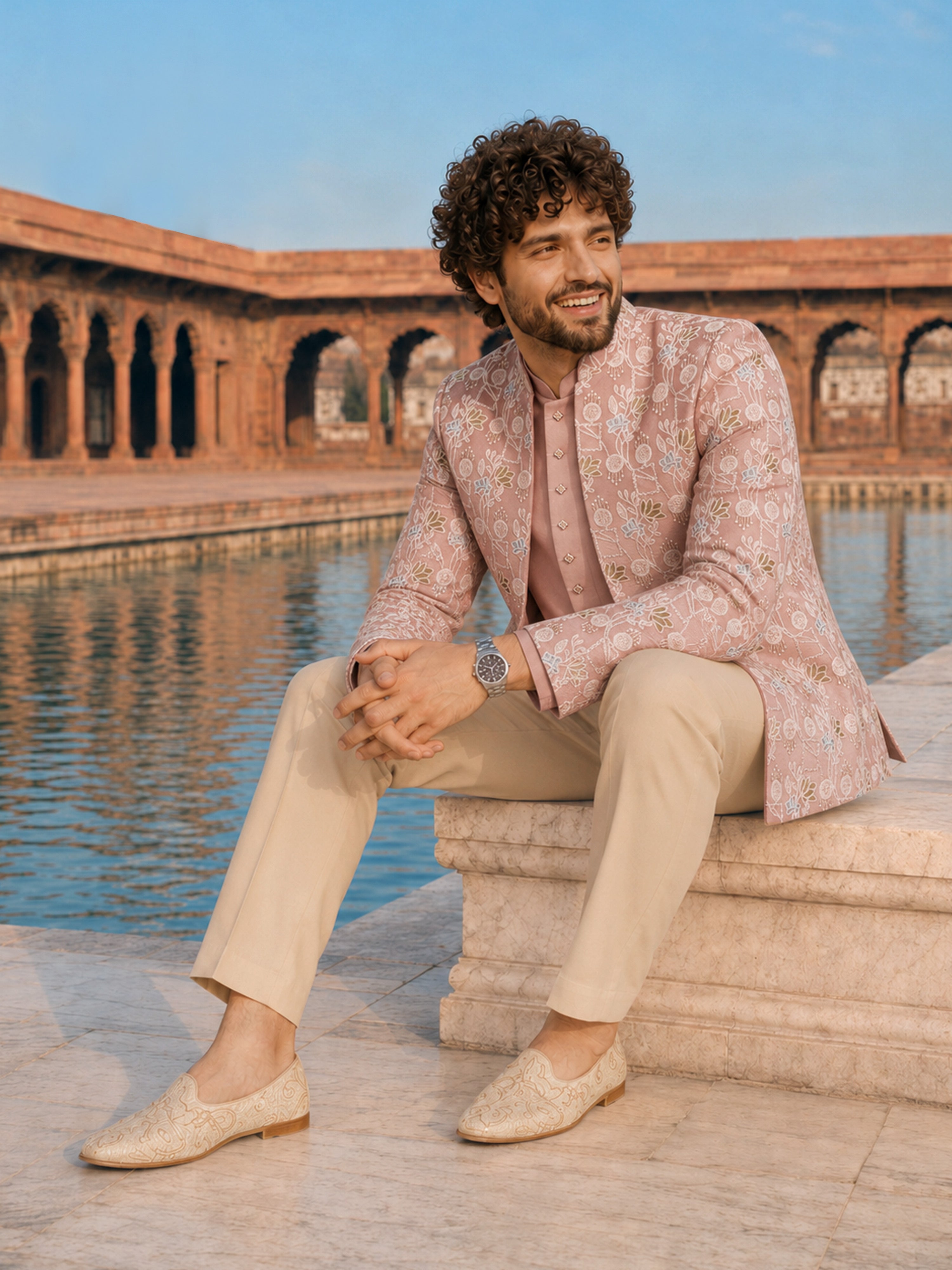 Men Pink Embroidered Thread Work Waist Length Straight PantSherwani Set