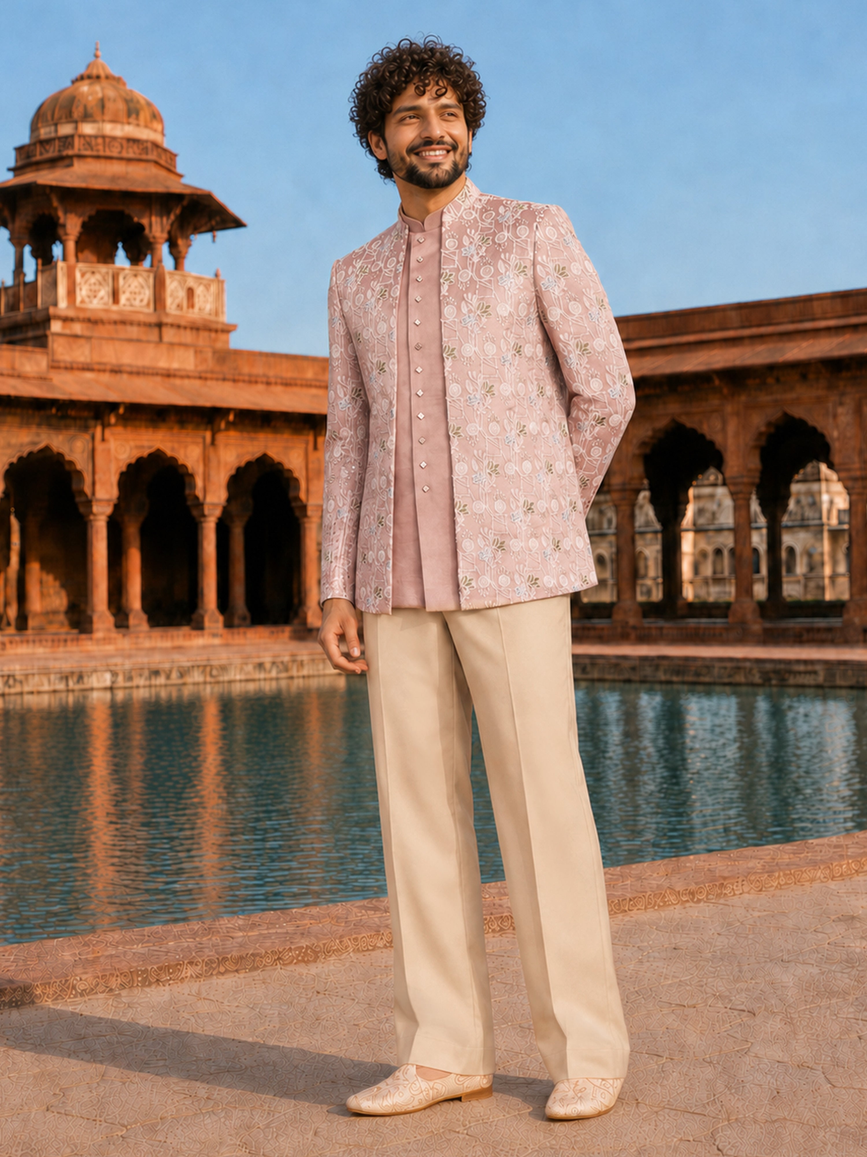 Men Pink & Cream Floral Zari Work Waist Length Sherwani Set with Wide Leg Pant