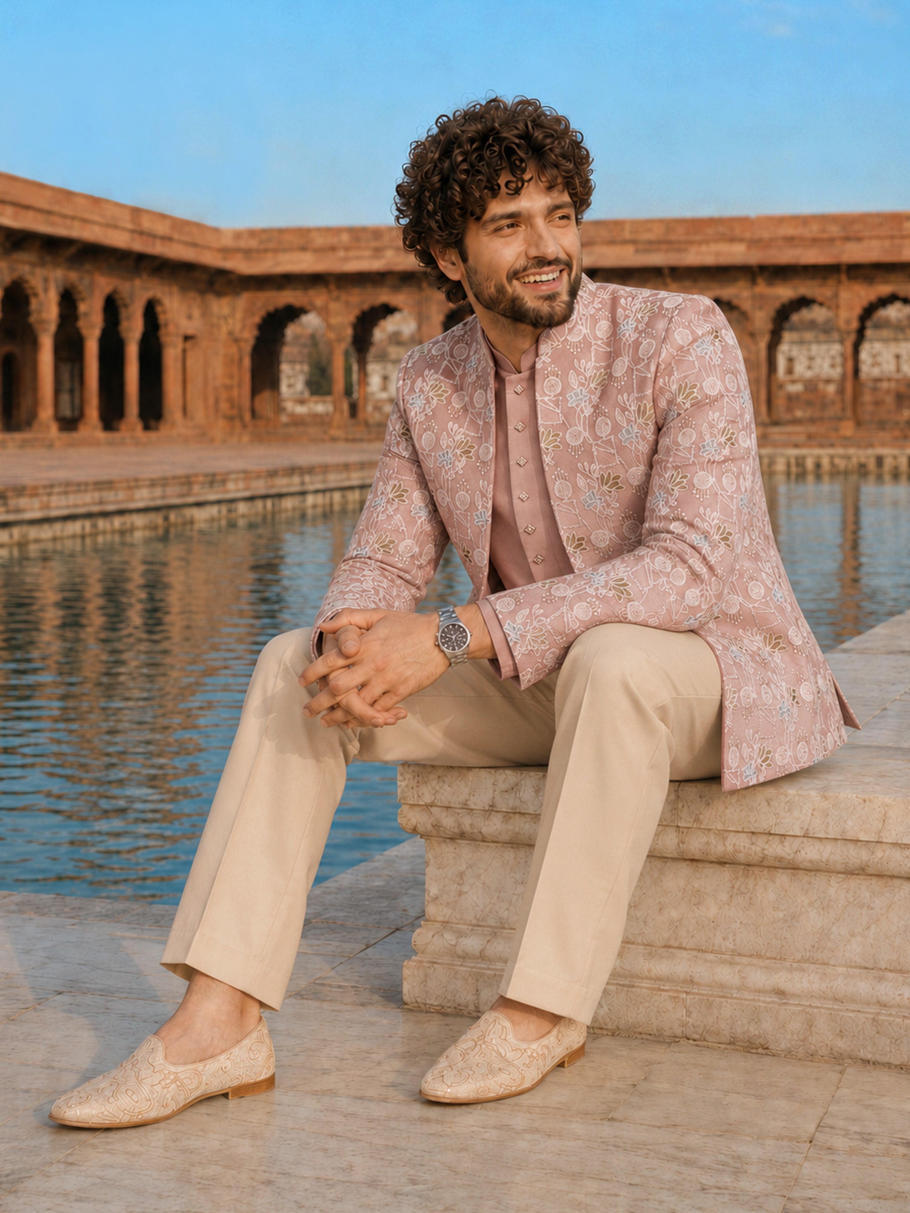 Men Pink & Cream Floral Zari Work Waist Length Sherwani Set with Wide Leg Pant