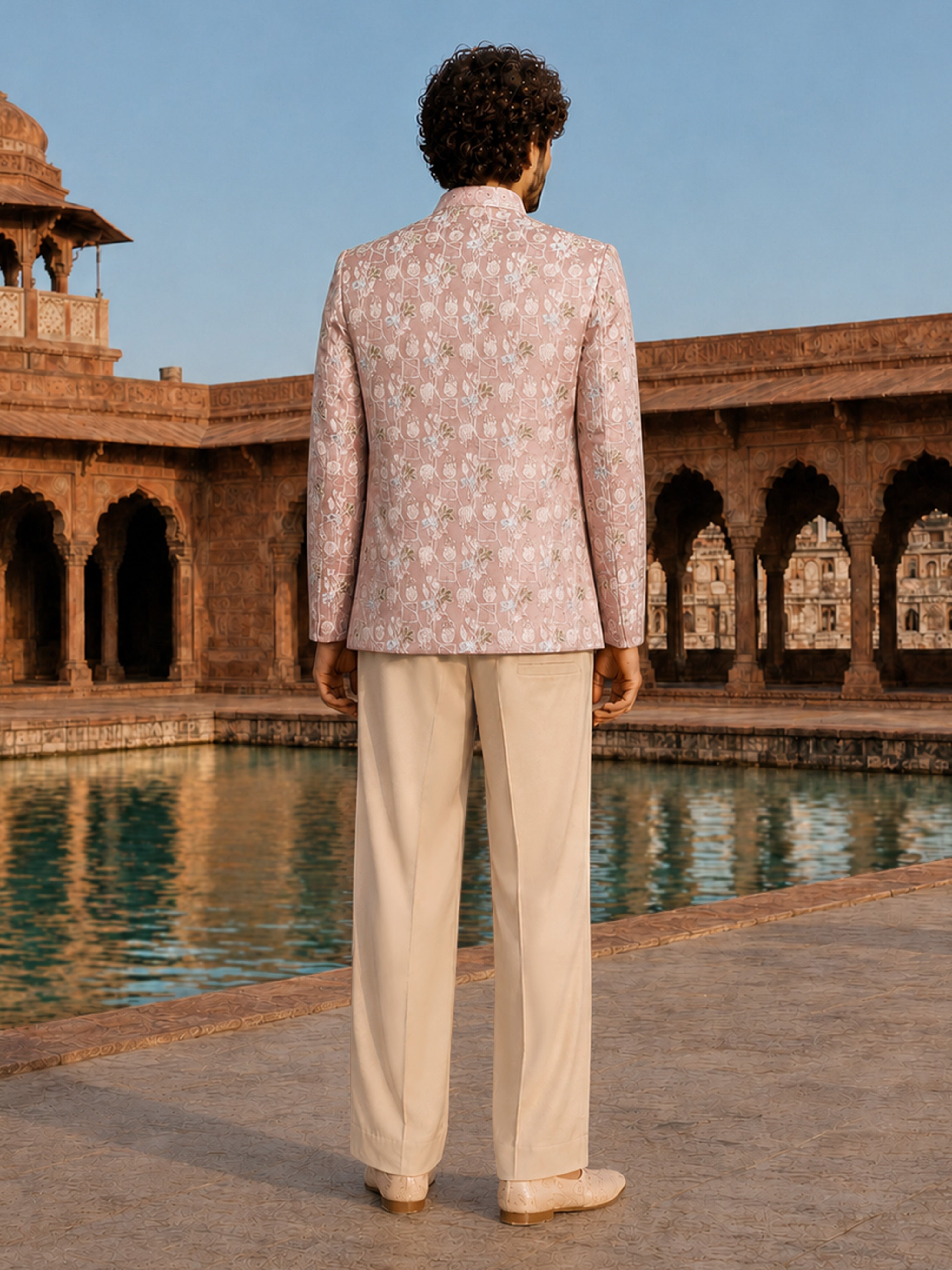 Men Pink Embroidered Zari Work Waist Length Wide Leg Pant Sherwani Set