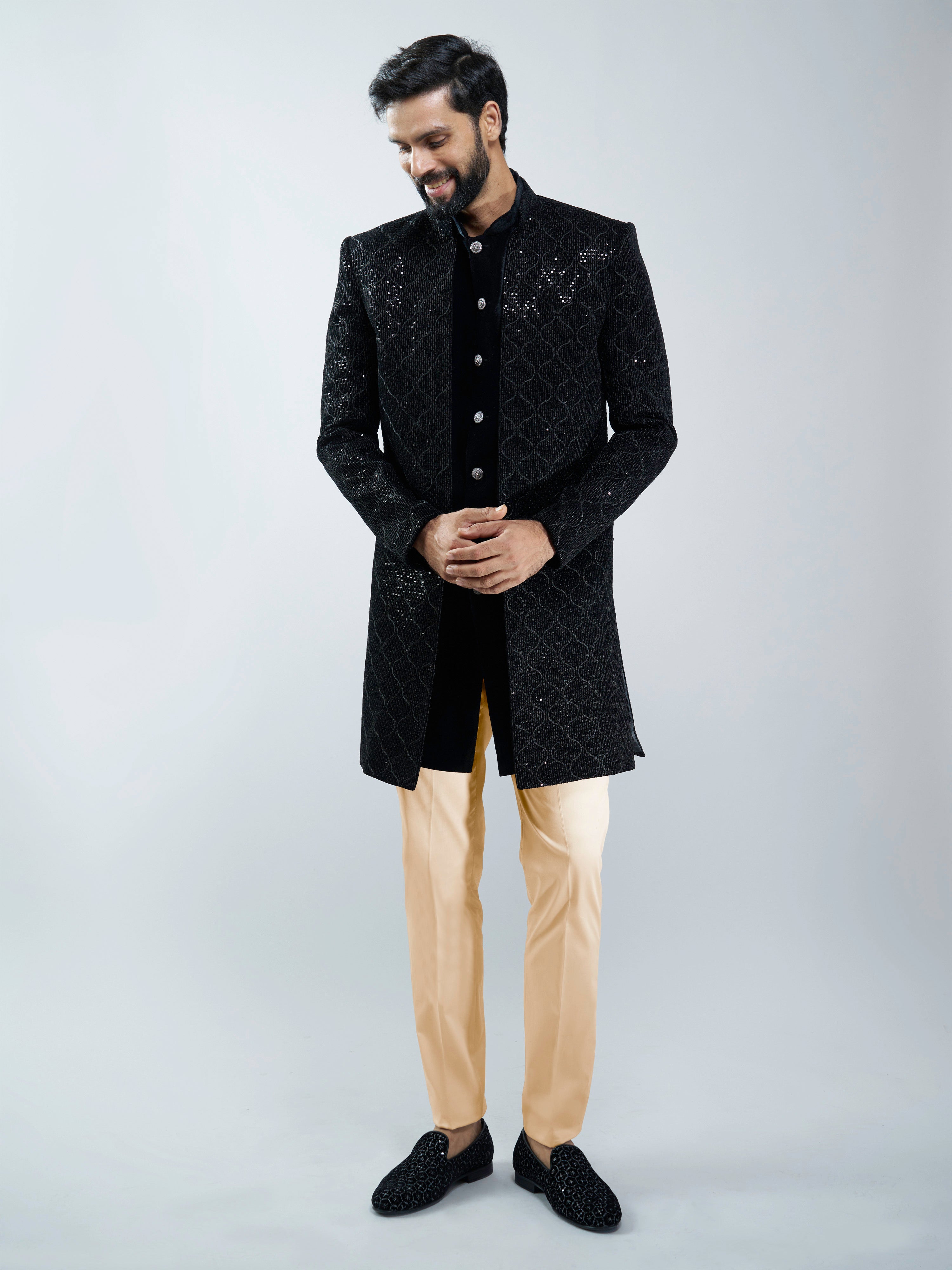 Men Black Velvet Indo-Western Bundled with Beige Cotton Lycra Pants Set