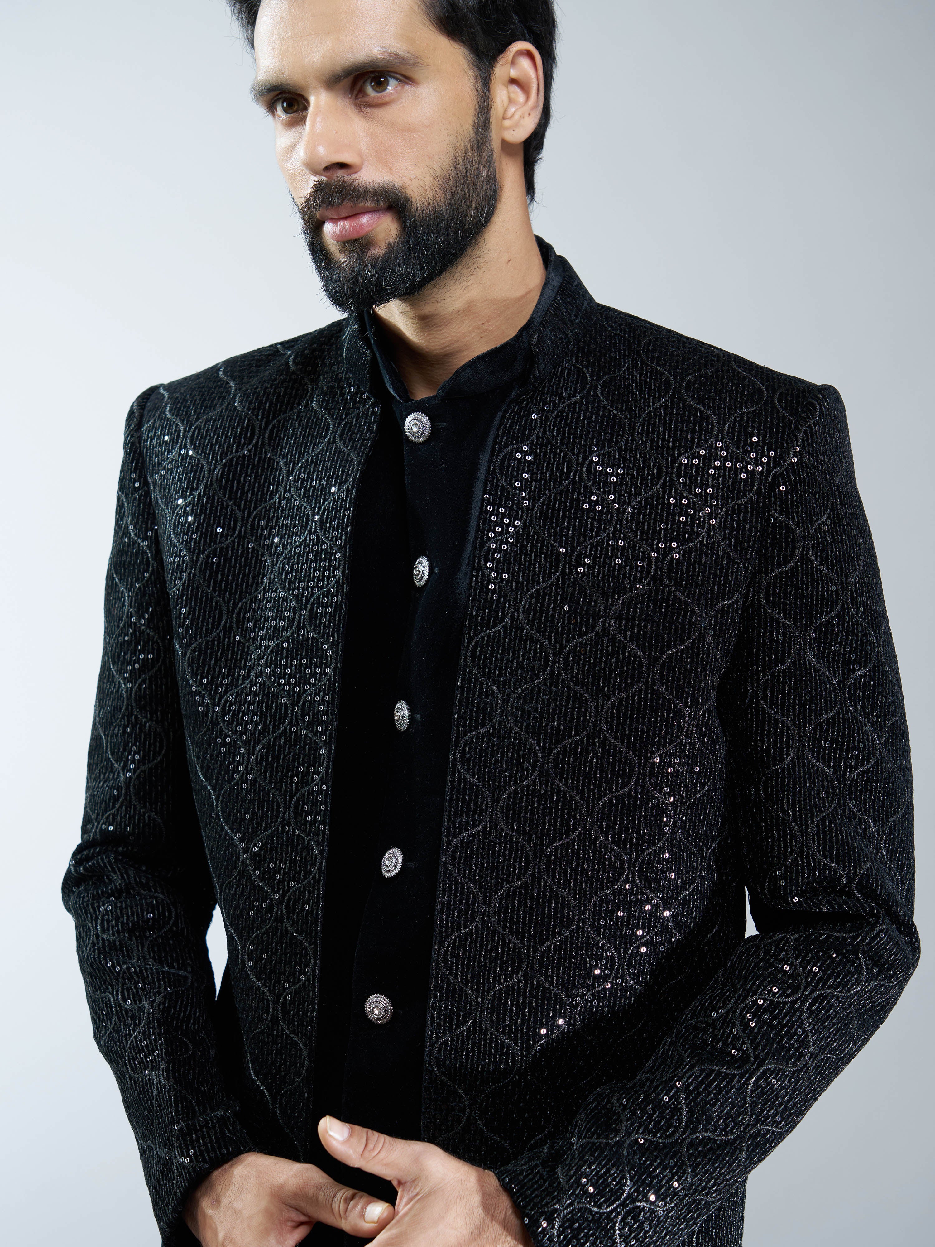 Men Black Velvet Indo-Western Bundled with Beige Cotton Lycra Pants Set