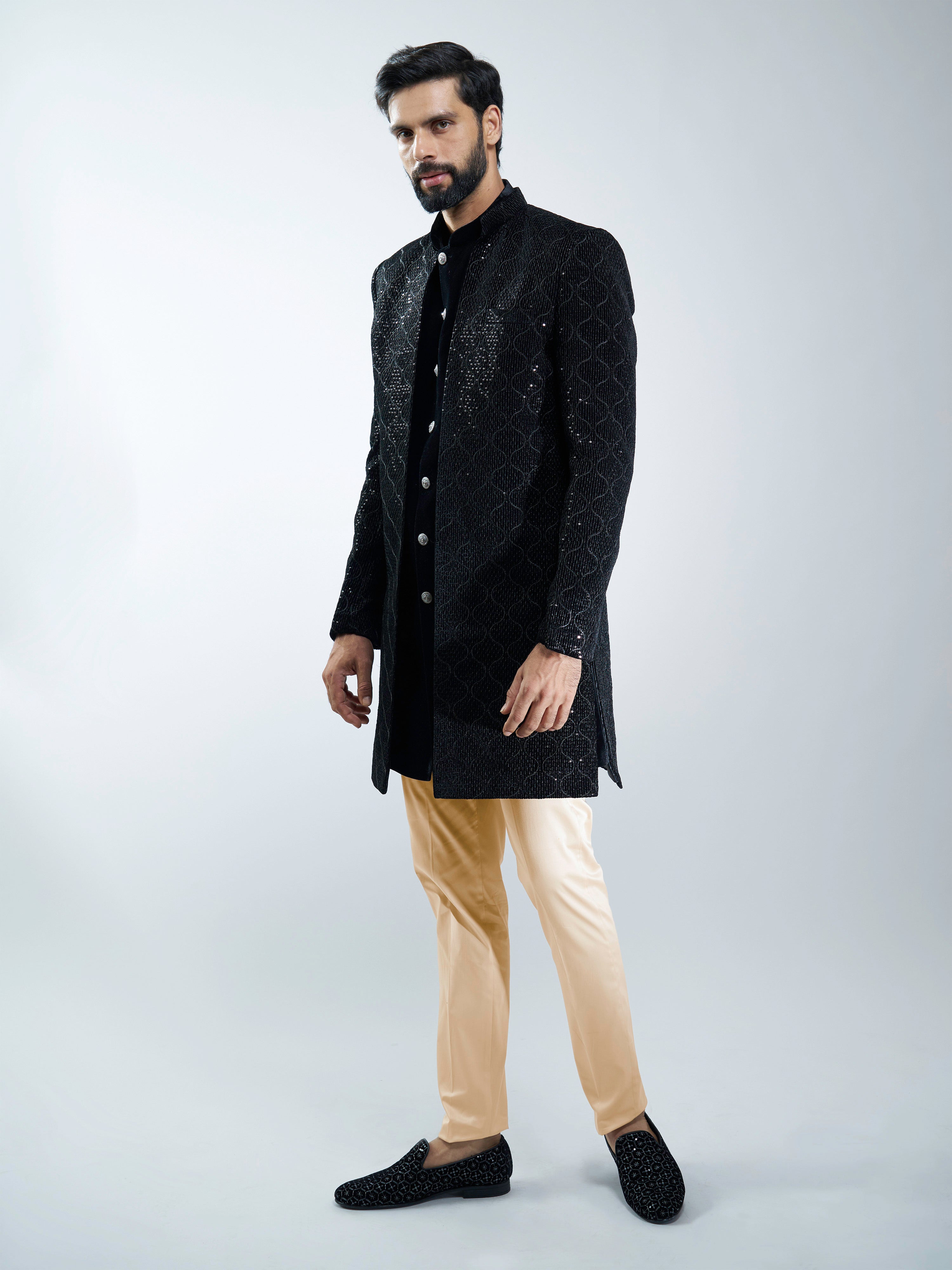 Men Black Velvet Indo-Western Bundled with Beige Cotton Lycra Pants Set