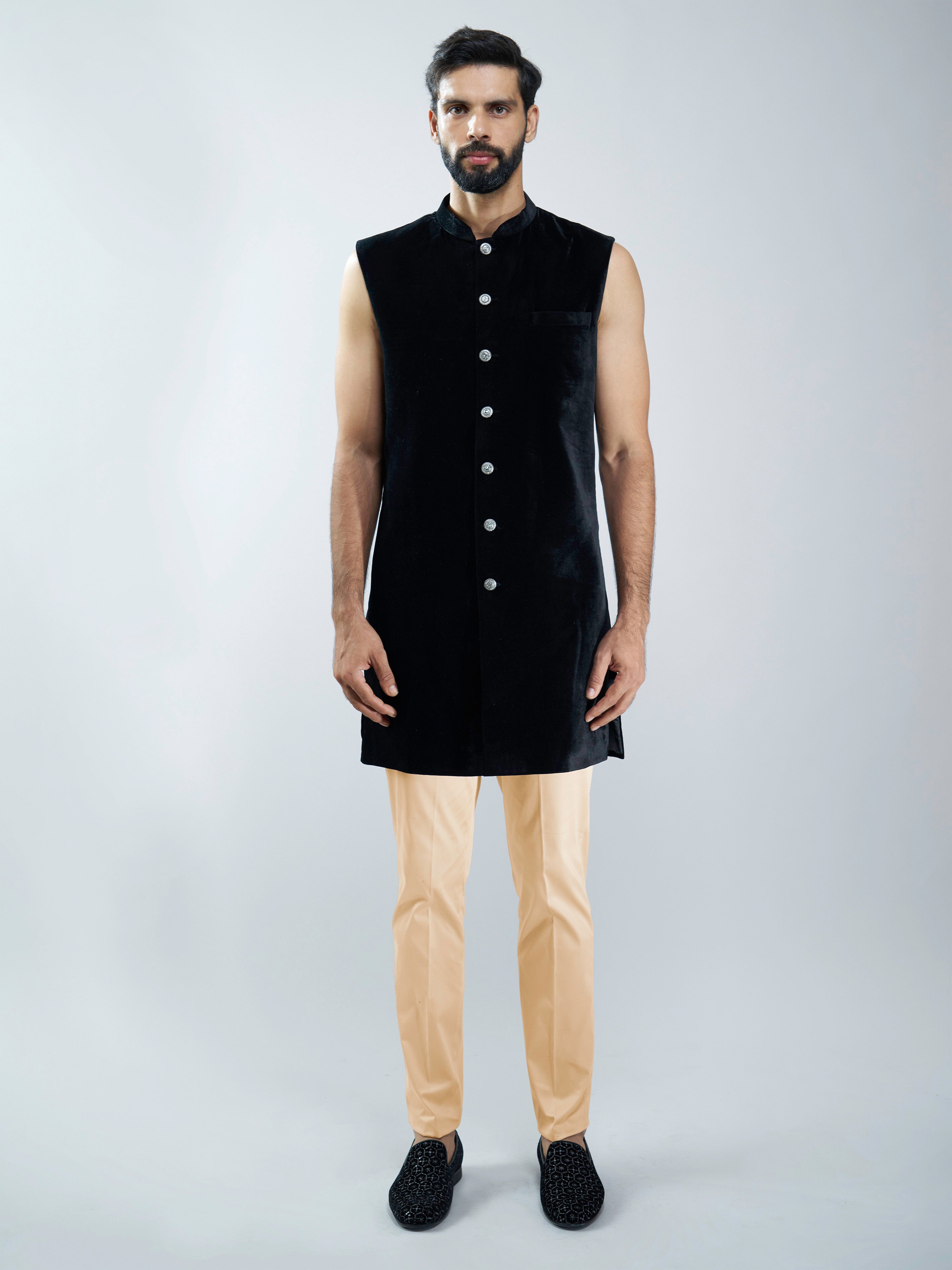 Men Black Velvet Indo-Western Bundled with Beige Cotton Lycra Pants Set