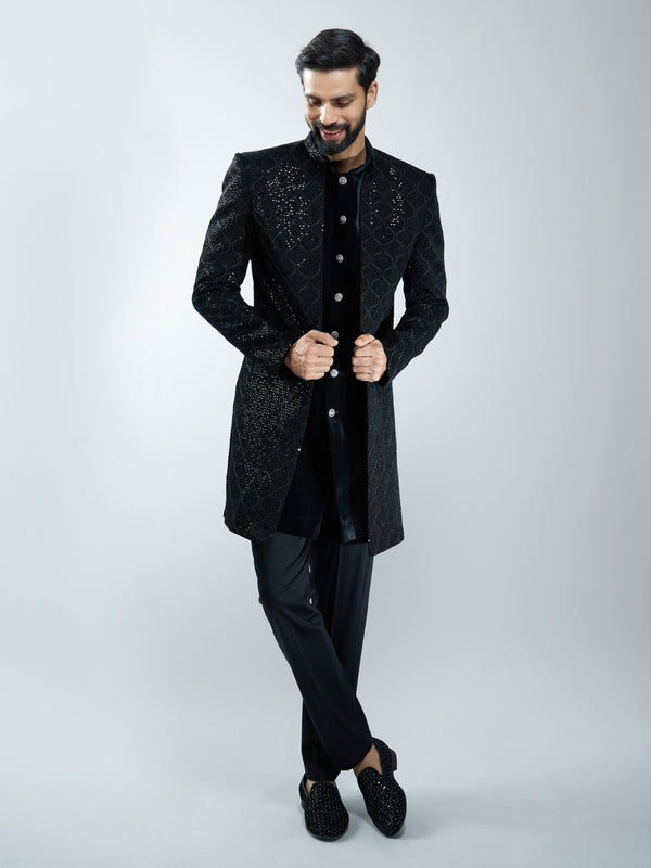 Men Black Velvet Embroidered Indo-Western Set with Black Pant