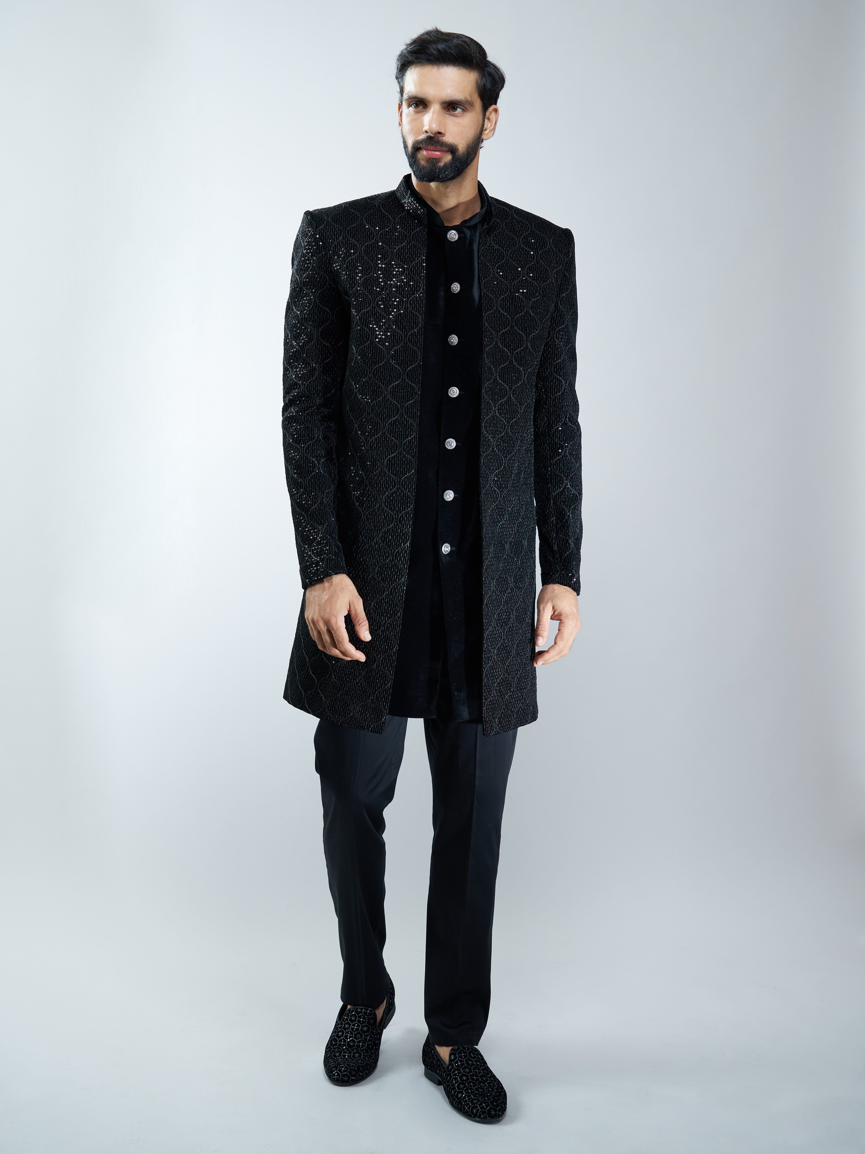 Men Black Velvet Embroidered Indo-Western Set with Black Pant