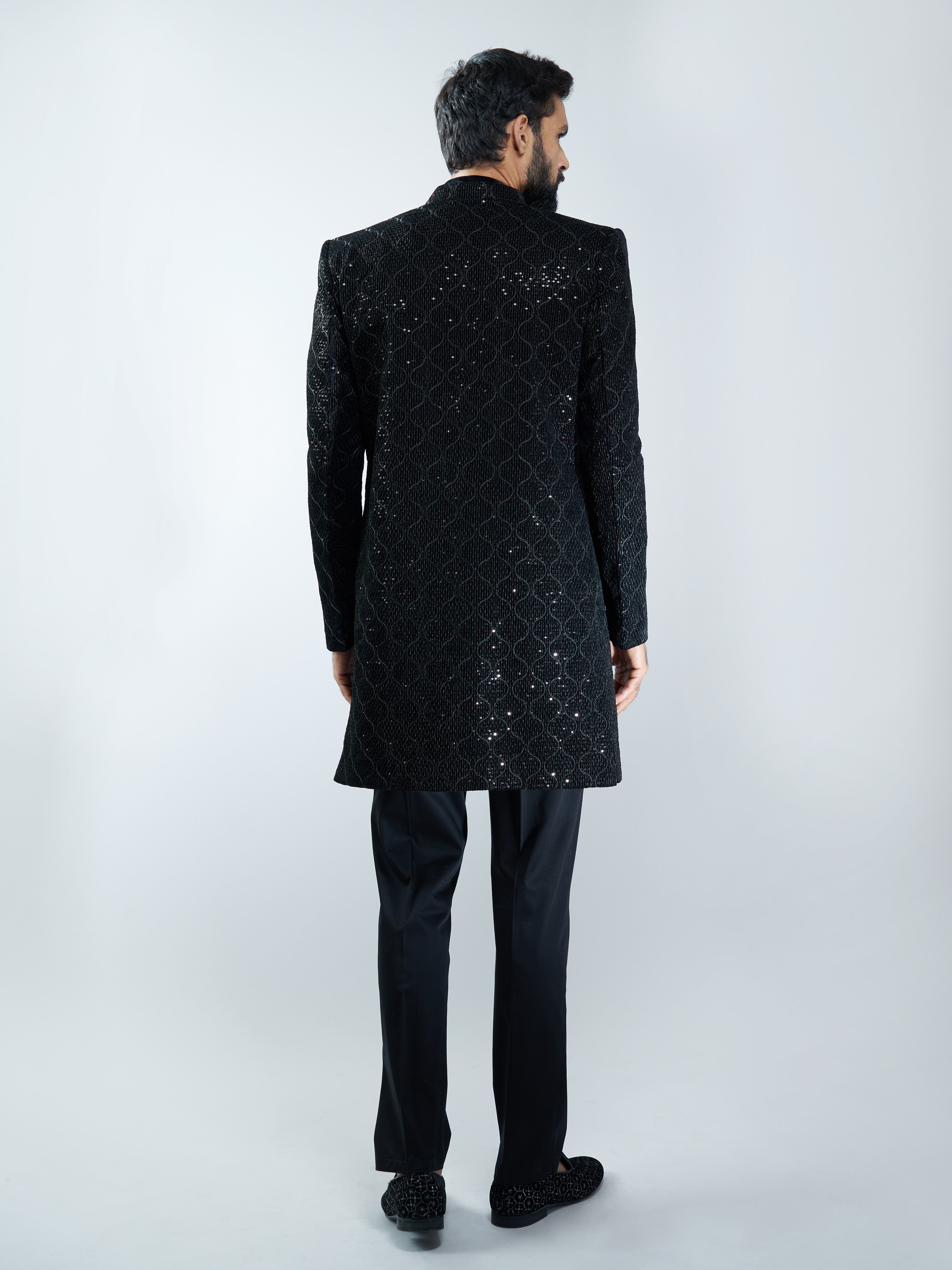 Men Black Velvet Embroidered Indo-Western Set with Black Pant